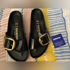 New Women’s Madrid Big Buckle Birkenstock Sandals High Shine Black Size 38